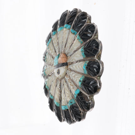 Vintage Zuni carved sunface pin sterling silver, shell, jet, turquoise brooch - Estate Fresh Austin