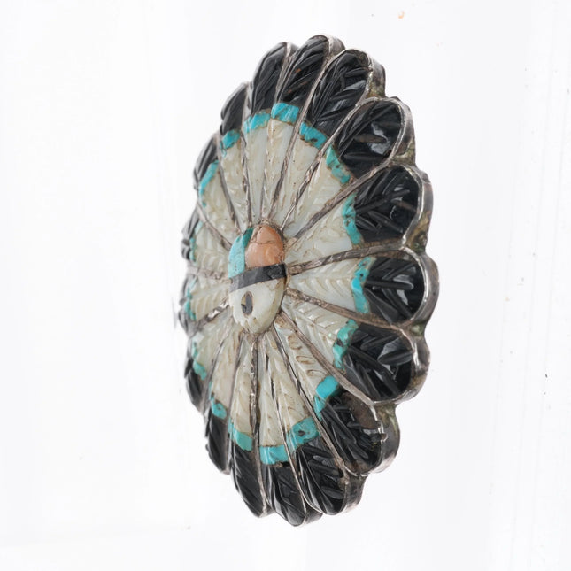 Vintage Zuni carved sunface pin sterling silver, shell, jet, turquoise brooch - Estate Fresh Austin