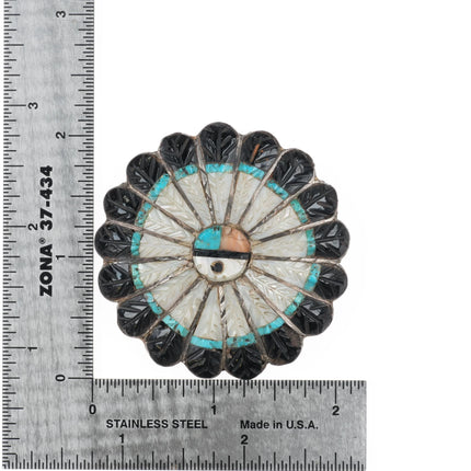 Vintage Zuni carved sunface pin sterling silver, shell, jet, turquoise brooch - Estate Fresh Austin