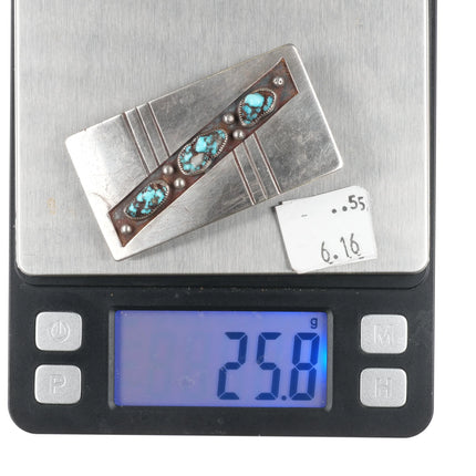 c1950's Southwestern Modernist sterling silver belt buckle with turquoise - Estate Fresh Austin