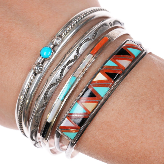 6.25"-6.5" 4 Navajo Carinated/Zuni Inlay sterling silver stacking cuff bracelets - Estate Fresh Austin