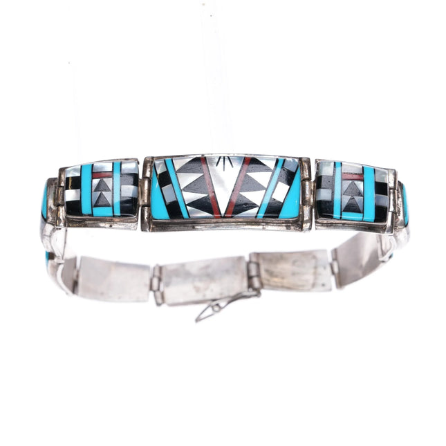 7" BL Southwestern Sterling silver intarsia multi-stone inlay link bracelet - Estate Fresh Austin