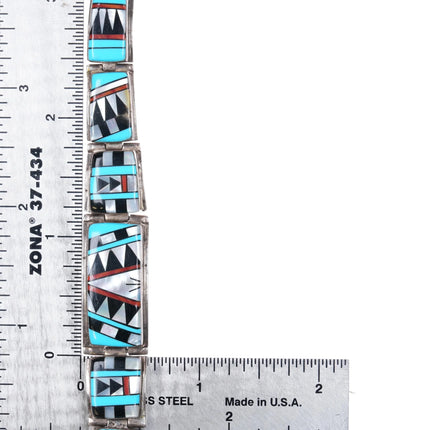7" BL Southwestern Sterling silver intarsia multi-stone inlay link bracelet - Estate Fresh Austin