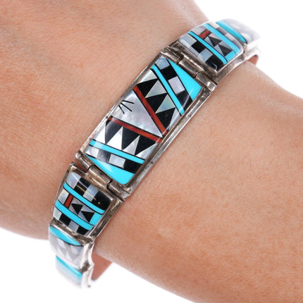 7" BL Southwestern Sterling silver intarsia multi-stone inlay link bracelet - Estate Fresh Austin