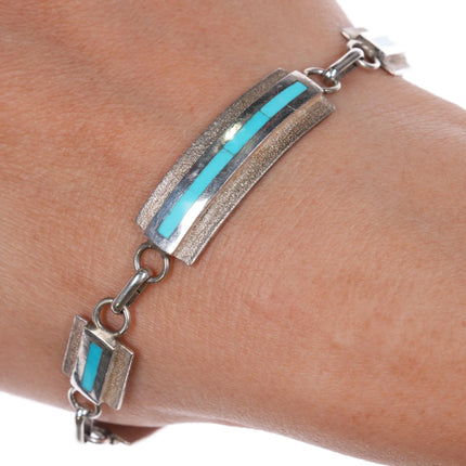 7.75" Desiree Mayes Zuni sterling silver flush inlay turquoise link bracelet - Estate Fresh Austin