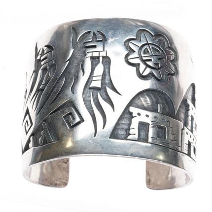 7" Large Hopi Silvercrafts Guild Overlay storyteller cuff bracelet sterling silver - Estate Fresh Austin