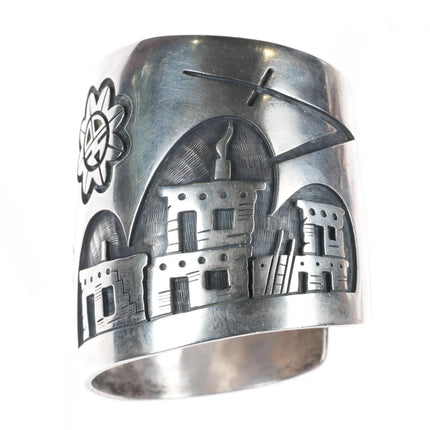 7" Large Hopi Silvercrafts Guild Overlay storyteller cuff bracelet sterling silver - Estate Fresh Austin