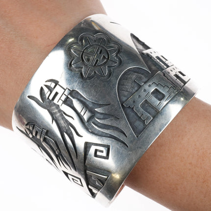7" Large Hopi Silvercrafts Guild Overlay storyteller cuff bracelet sterling silver - Estate Fresh Austin
