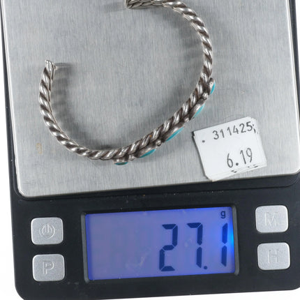 6.25" c1930's Navajo twisted sterling silver wire turquoise row cuff bracelet - Estate Fresh Austin