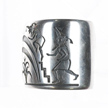 7" Big Bernard Dawahoya Hopi overlay cuff bracelet corn kachinas sterling silver - Estate Fresh Austin