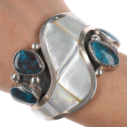 6.1" Bisbee Turquoise Dan Benally Navajo Modernist sterling silver cuff bracelet - Estate Fresh Austin