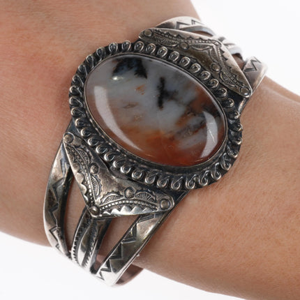 6.6" 1940's Navajo sterling silver hand stamped petrified wood cuff bracelet - Estate Fresh Austin