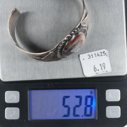 6.6" 1940's Navajo sterling silver hand stamped petrified wood cuff bracelet - Estate Fresh Austin