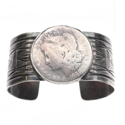 6.8" Navajo US dollar Coin silver wide band cuff bracelet hand chiseled sterling - Estate Fresh Austin