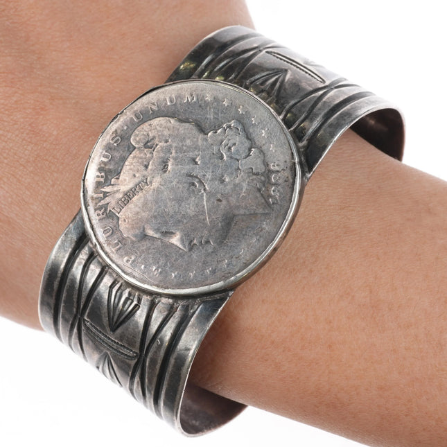 6.8" Navajo US dollar Coin silver wide band cuff bracelet hand chiseled sterling - Estate Fresh Austin