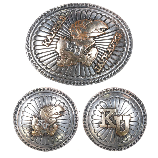 Sterling silver University Kansas Jayhawks Delgarito Navajo belt buckle/conchos - Estate Fresh Austin