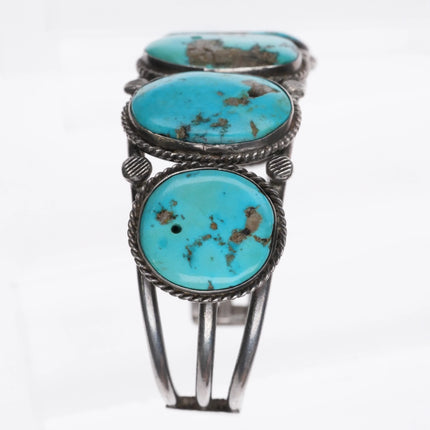 7" Vintage Navajo 1940's large turquoise row cuff bracelet rope bezel bead stone - Estate Fresh Austin