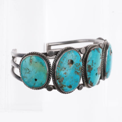 7" Vintage Navajo 1940's large turquoise row cuff bracelet rope bezel bead stone - Estate Fresh Austin