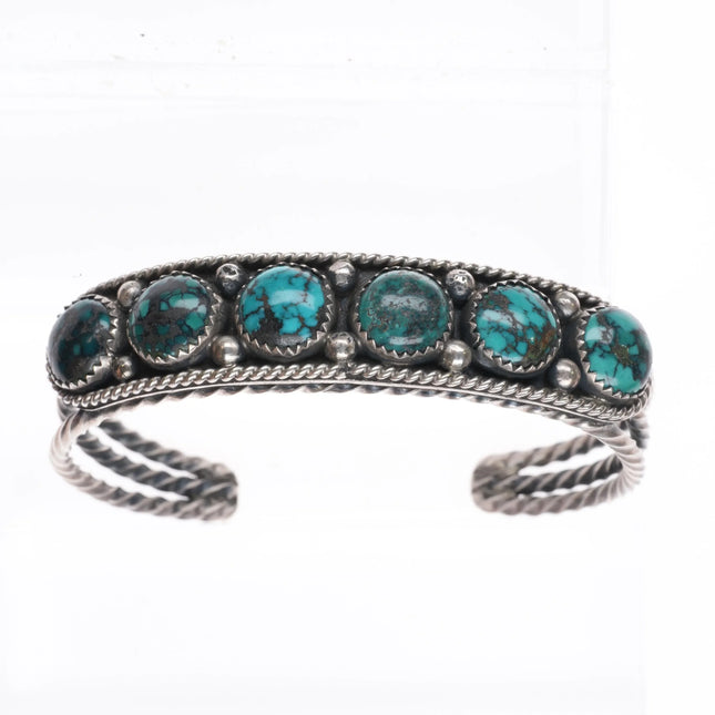 6.6" Vintage Navajo sterling silver spiderweb turquoise row cuff bracelet - Estate Fresh Austin