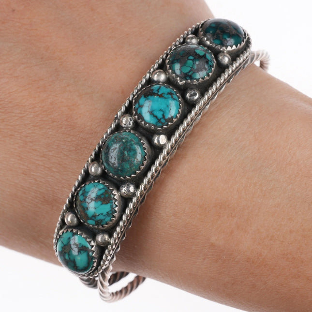 6.6" Vintage Navajo sterling silver spiderweb turquoise row cuff bracelet - Estate Fresh Austin
