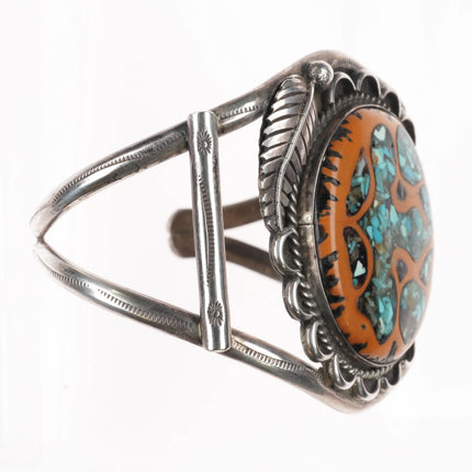 6.6" c1970's Navajo sterling silver turquoise chip inlay walnut cuff bracelet - Estate Fresh Austin