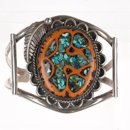 6.6" c1970's Navajo sterling silver turquoise chip inlay walnut cuff bracelet - Estate Fresh Austin