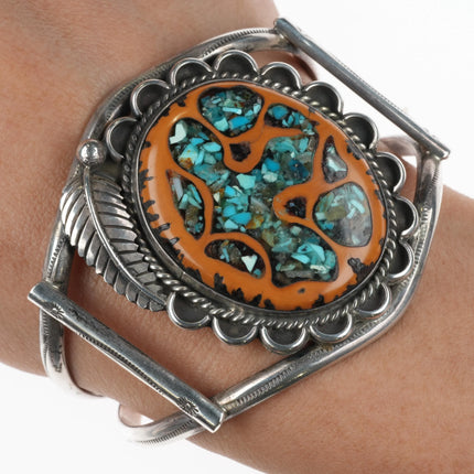 6.6" c1970's Navajo sterling silver turquoise chip inlay walnut cuff bracelet - Estate Fresh Austin