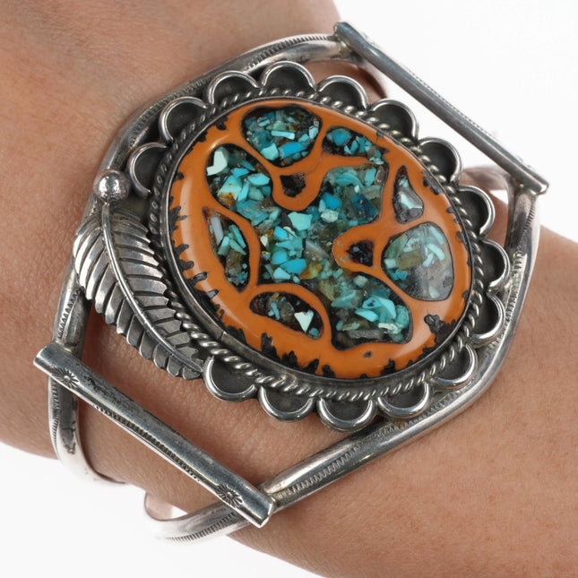 6.6" c1970's Navajo sterling silver turquoise chip inlay walnut cuff bracelet - Estate Fresh Austin