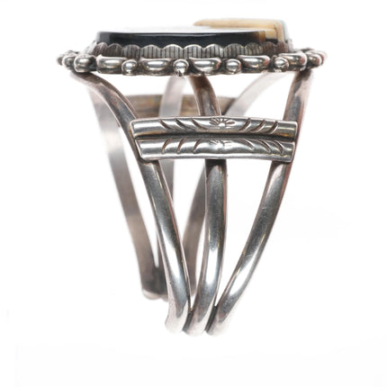 7.1" Vintage Navajo sterling silver cobblestone/intarsia inlay cuff bracelet - Estate Fresh Austin