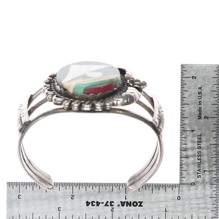 7.1" Vintage Navajo sterling silver cobblestone/intarsia inlay cuff bracelet - Estate Fresh Austin