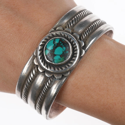 7.1" Heavy vintage Ingot silver southwest revival cuff bracelet with turquoise - Estate Fresh Austin