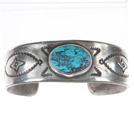 7.6" Heavy vintage Ingot silver southwest revival cuff bracelet with turquoise - Estate Fresh Austin