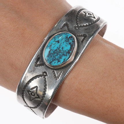 7.6" Heavy vintage Ingot silver southwest revival cuff bracelet with turquoise - Estate Fresh Austin