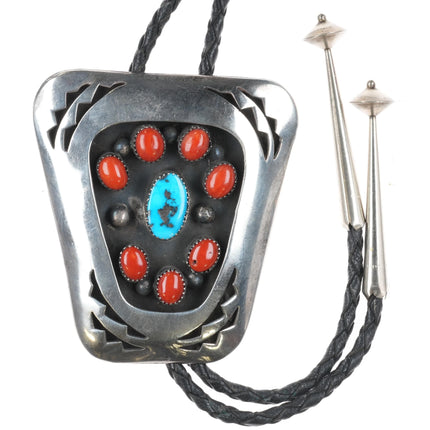 c1960 c-31 Southwest Modernist sterling silver coral cluster turquoise bolo tie - Estate Fresh Austin