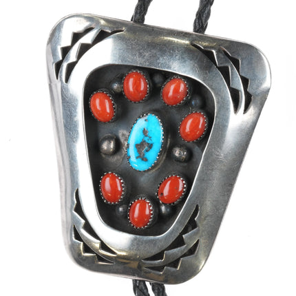c1960 c-31 Southwest Modernist sterling silver coral cluster turquoise bolo tie - Estate Fresh Austin