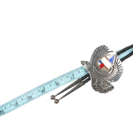 c1980 EJ Southwestern sterling silver channel inlay eagle bolo tie overlay style - Estate Fresh Austin