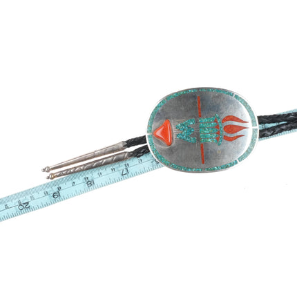 c1960 c-31 Navajo Sterling silver chip inlay turquoise coral torch bolo tie - Estate Fresh Austin