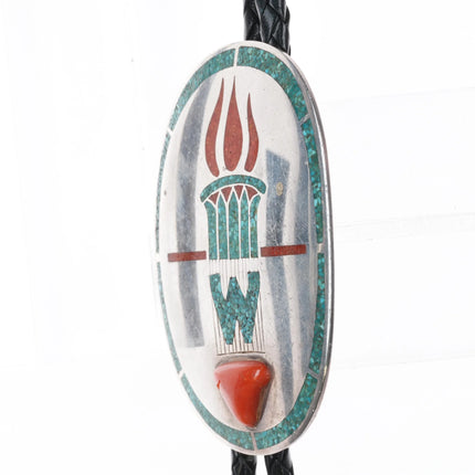 c1960 c-31 Navajo Sterling silver chip inlay turquoise coral torch bolo tie - Estate Fresh Austin