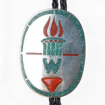 c1960 c-31 Navajo Sterling silver chip inlay turquoise coral torch bolo tie - Estate Fresh Austin