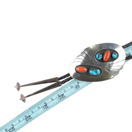 c1960 c-31 Bisbee turquoise/Mediterranean coral sterling silver Navajo bolo tie - Estate Fresh Austin