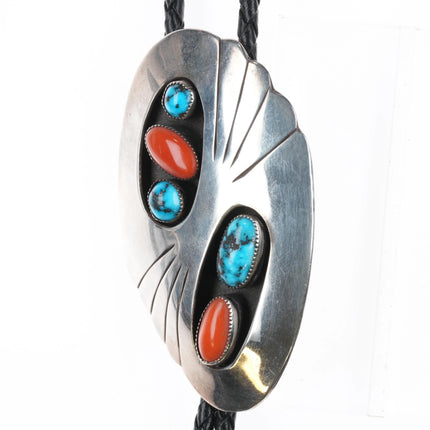 c1960 c-31 Bisbee turquoise/Mediterranean coral sterling silver Navajo bolo tie - Estate Fresh Austin
