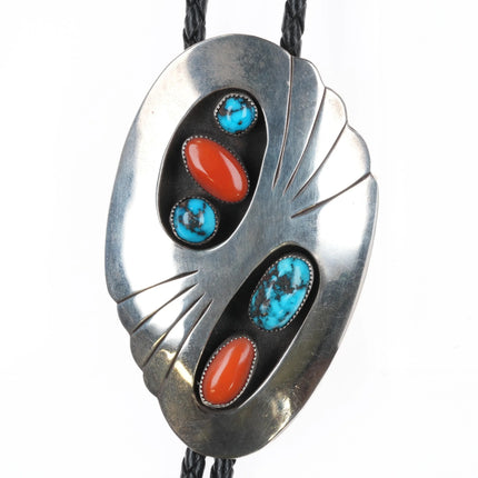 c1960 c-31 Bisbee turquoise/Mediterranean coral sterling silver Navajo bolo tie - Estate Fresh Austin