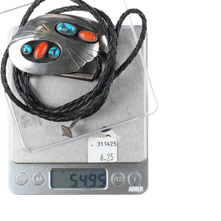 c1960 c-31 Bisbee turquoise/Mediterranean coral sterling silver Navajo bolo tie - Estate Fresh Austin