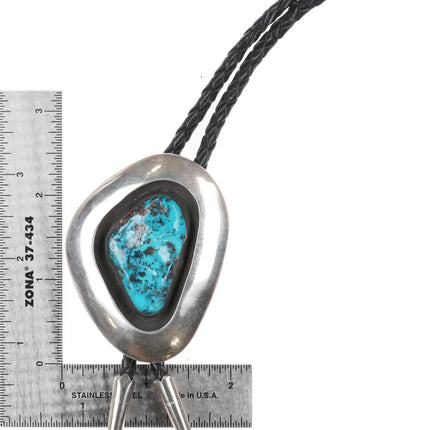 1970's Modernist Taos Pueblo sterling silver bolo tie with nice turquoise - Estate Fresh Austin