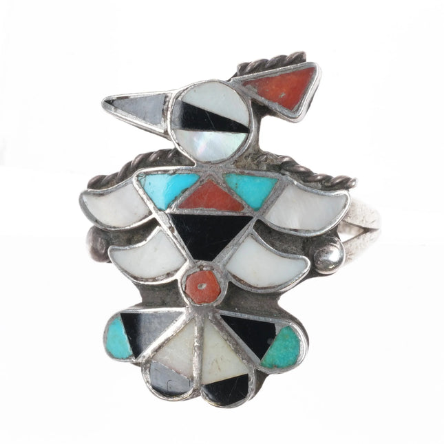 sz8.25 Vintage Zuni sterling silver thunderbird ring turquoise/coral inlay - Estate Fresh Austin