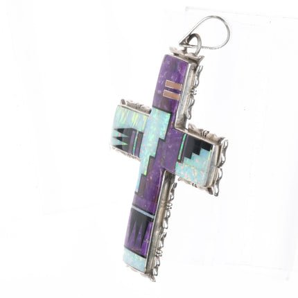 Large Melvin Francis Navajo Sterling silver, opal, sugilite, onyx cross pendant - Estate Fresh Austin