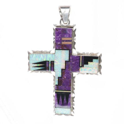 Large Melvin Francis Navajo Sterling silver, opal, sugilite, onyx cross pendant - Estate Fresh Austin