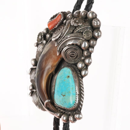 c1980 AK Navajo Large sterling silver, turquoise/coral bolo tie - Estate Fresh Austin