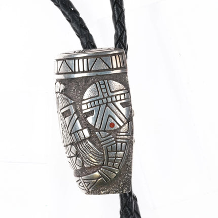 Lee Epperson Cherokee Sterling silver, turquoise/coral overlay bolo tie - Estate Fresh Austin