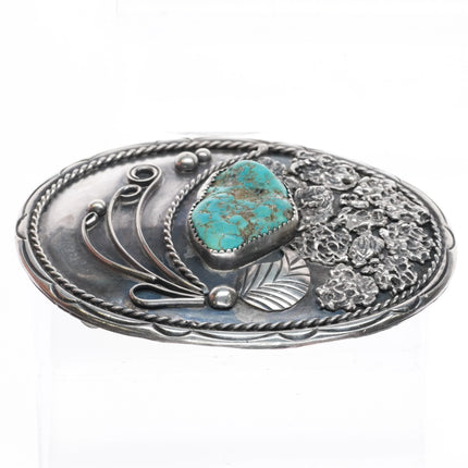 Large vintage Navajo sterling silver green turquoise belt buckle stamped border - Estate Fresh Austin